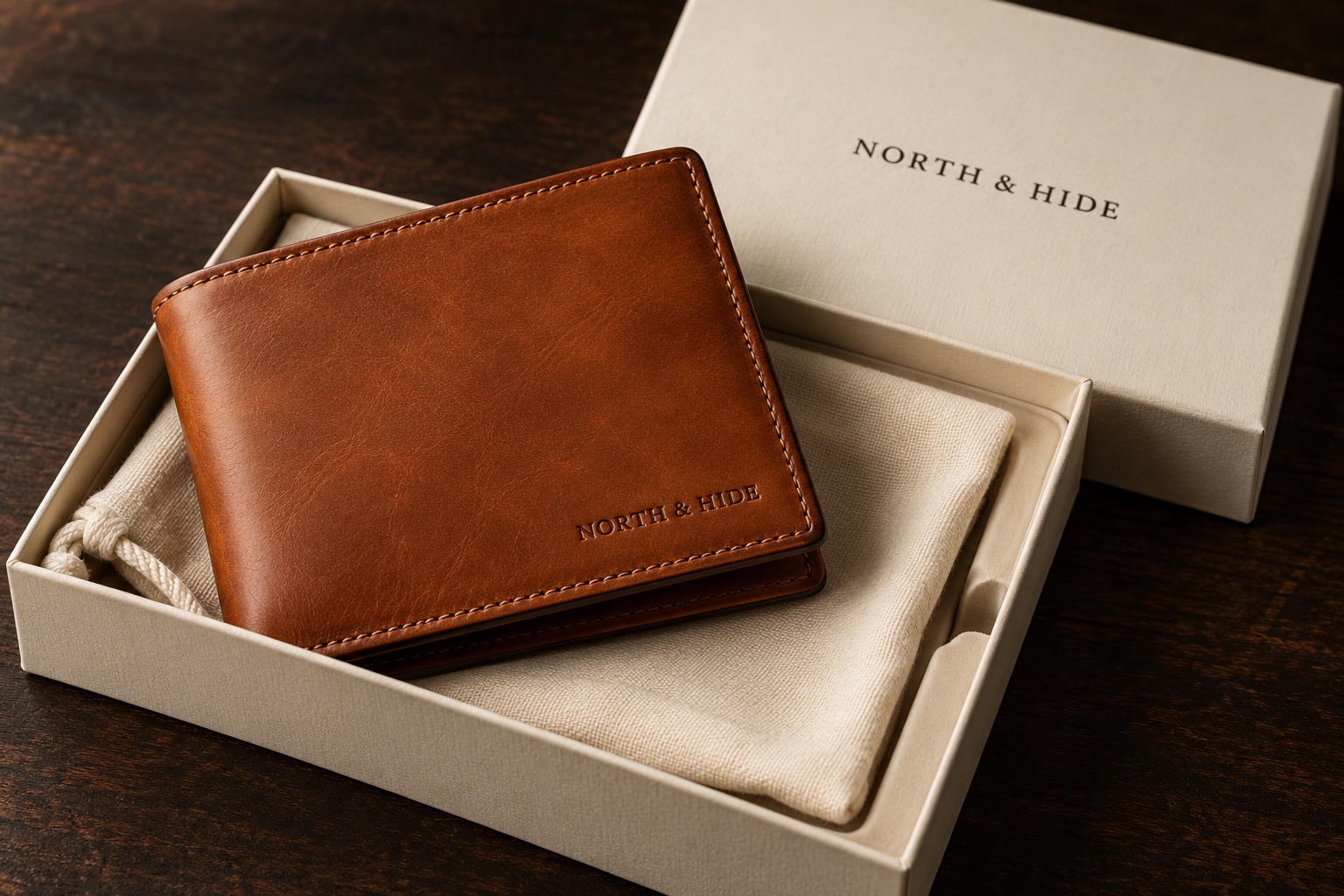 NORTH & HIDE demonstration wallet with matching branded individual wallet box and protective pouch