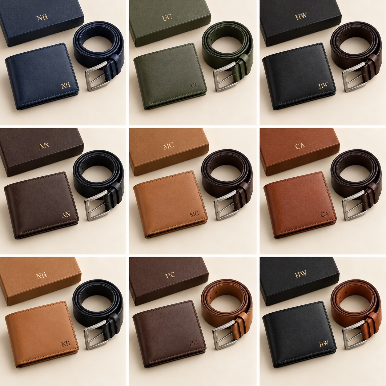 Complete private-label concept of Navy wallet + navy belt, showing the wallet, belt, buckle, logo and coordinated gift box