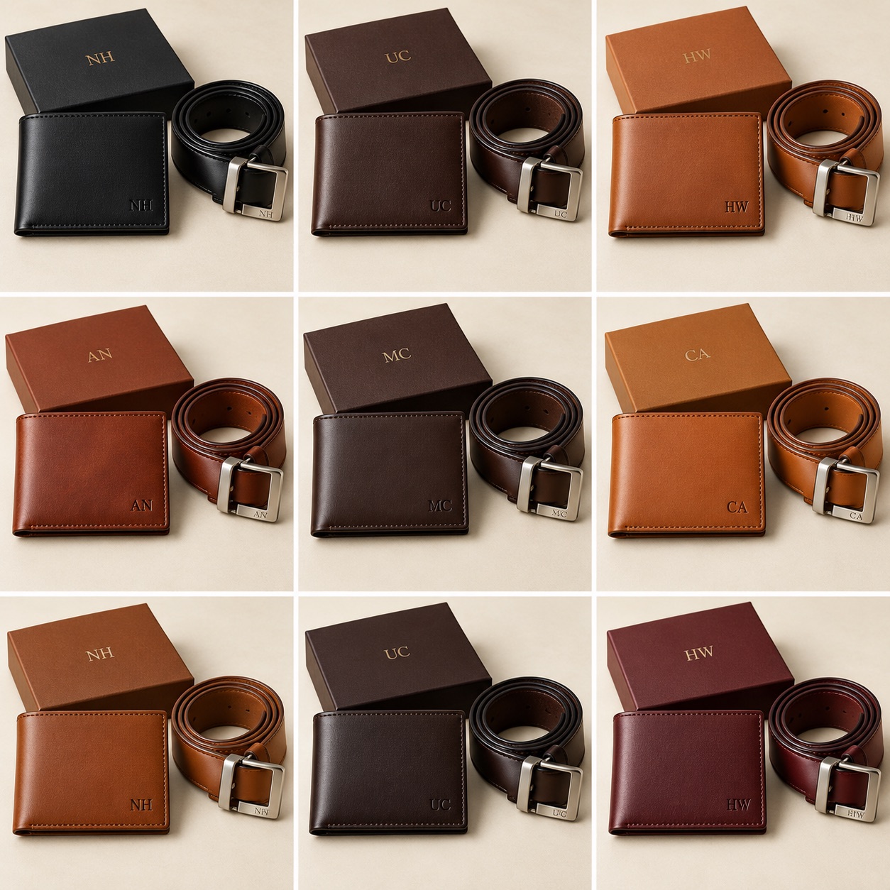 Complete private-label concept of Black wallet + black belt, showing the wallet, belt, buckle, logo and coordinated gift box