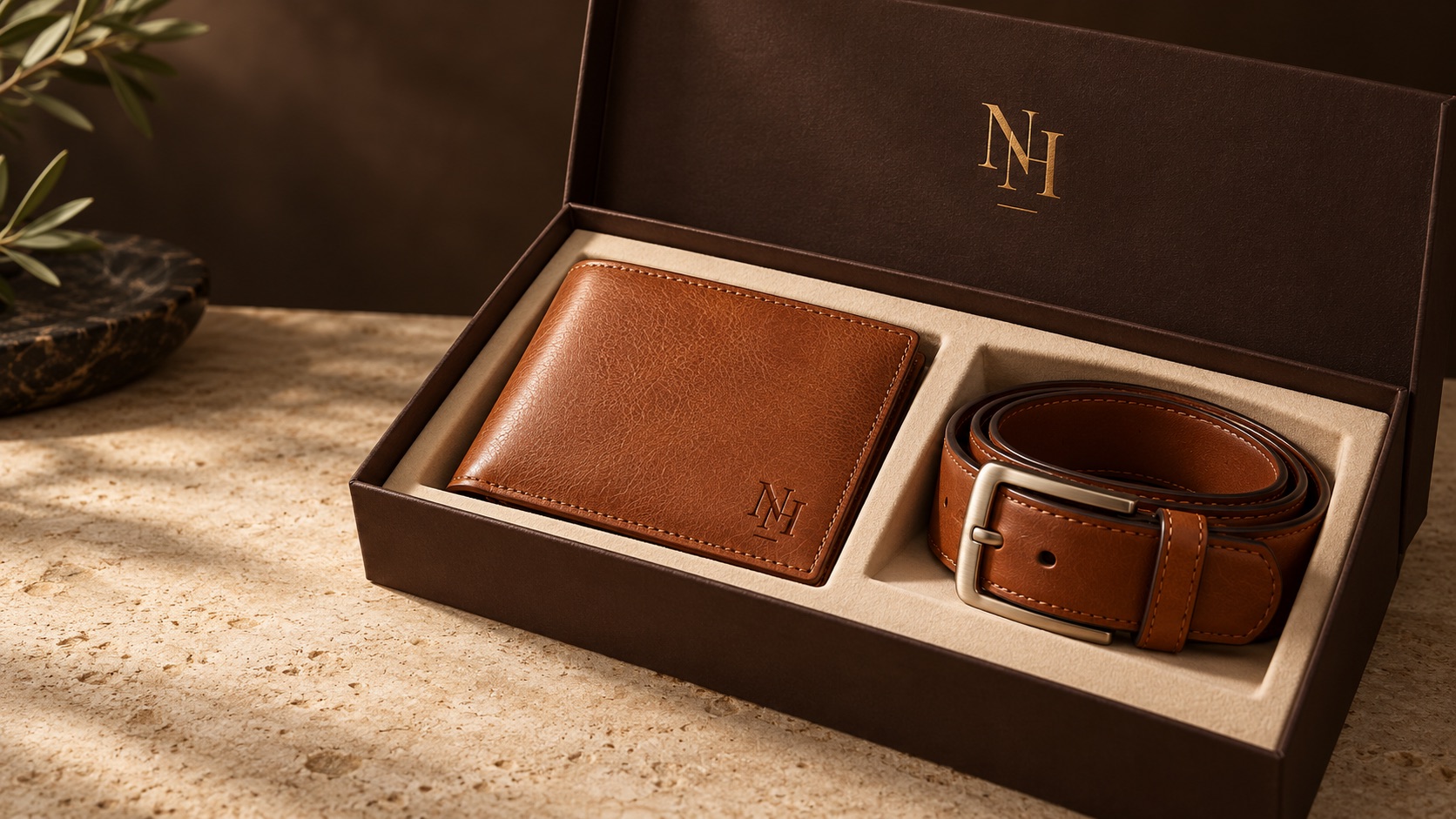 Concept mockup of a cognac leather wallet and matching belt in a premium gift box