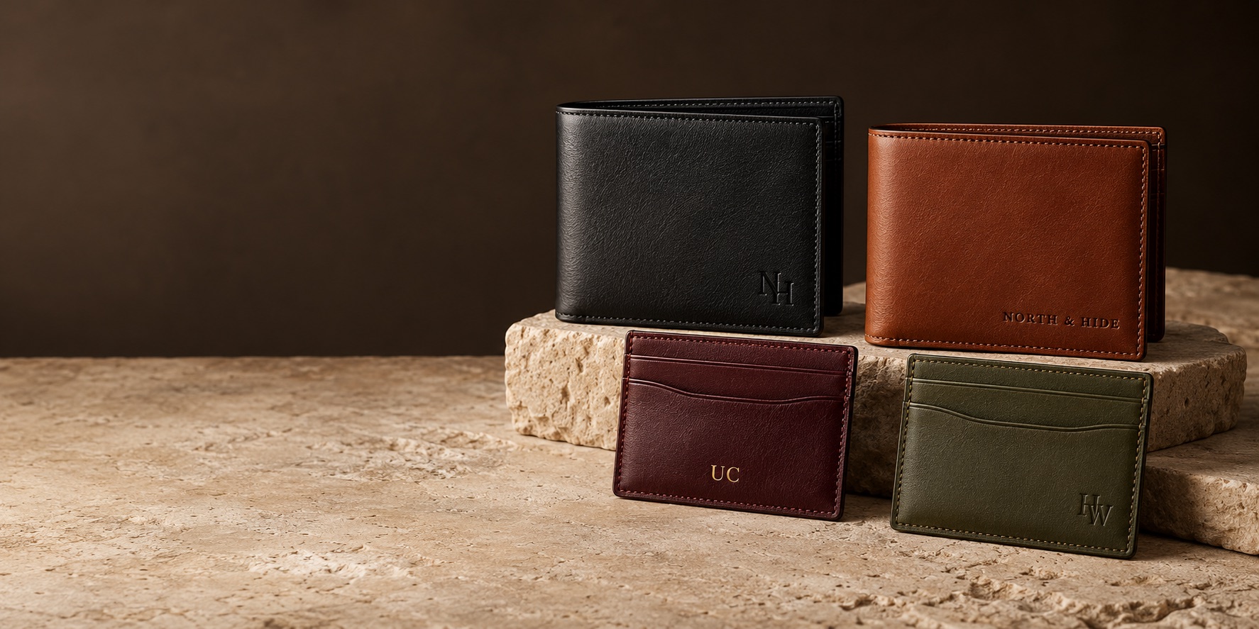 Private-label branded leather bifold wallets and cardholders in black, cognac, oxblood and olive