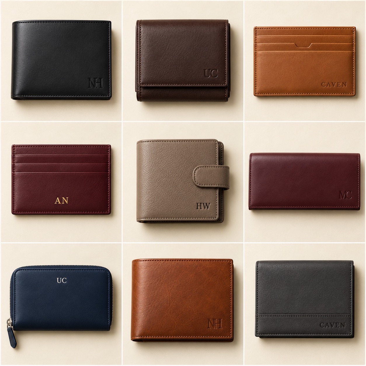 Complete men’s bifold wallets private-label concept showing logo, stitching and product edges